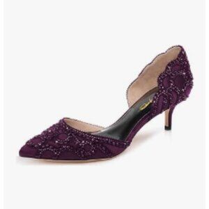 XYD-D'Orsay, Dark Purple Pointed Toe(Reg W)/Kitten Heel Rhinestone Stud Slip-Ons